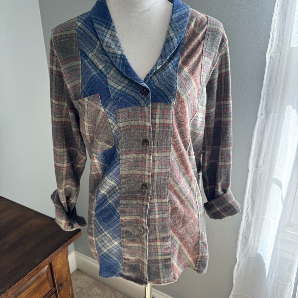Plaid Button-Up Shirt with Blue Accents
